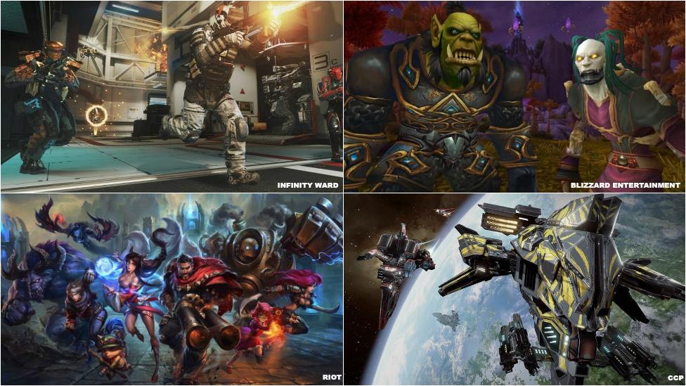 Images depicting games: Call of Duty, World of Warcraft, League of Legends, Eve Online