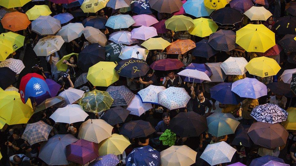 Protesters hold up umbrellas at the 2014 Occupy Central pro-democracy protests