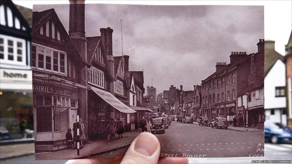 Pinner High Street in 1950 and today. Picture courtesy Adam Leach Photography