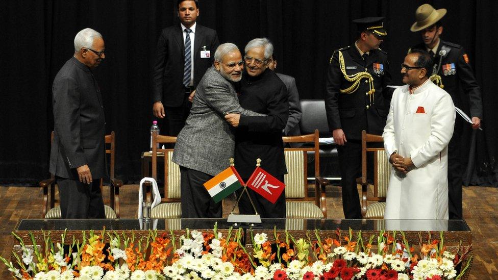 Prime Minister Narendra Modi with Mufti Mohammed Sayeed at his swearing-in ceremony in Jammu in 2015