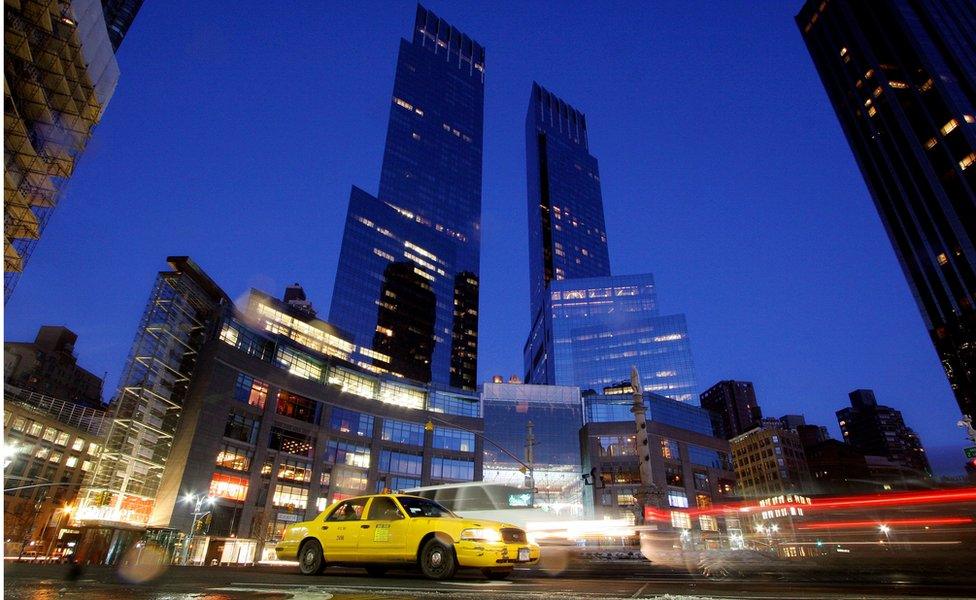 The Time Warner building, overlooking Columbus Circle in New York, at night on 12 December 2005.