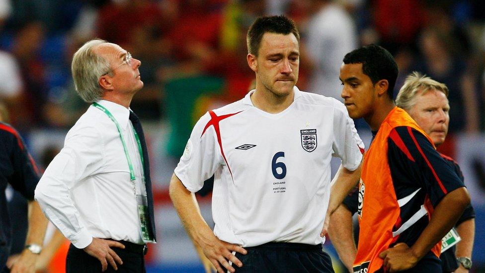 Sven-Goran Eriksson, John Terry and Theo Walcott after defeat to Portugal on penalties in 2006