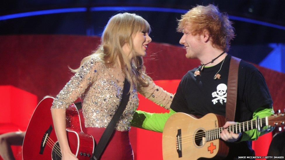 Taylor Swift on stage with Ed Sheeran in the US in 2012