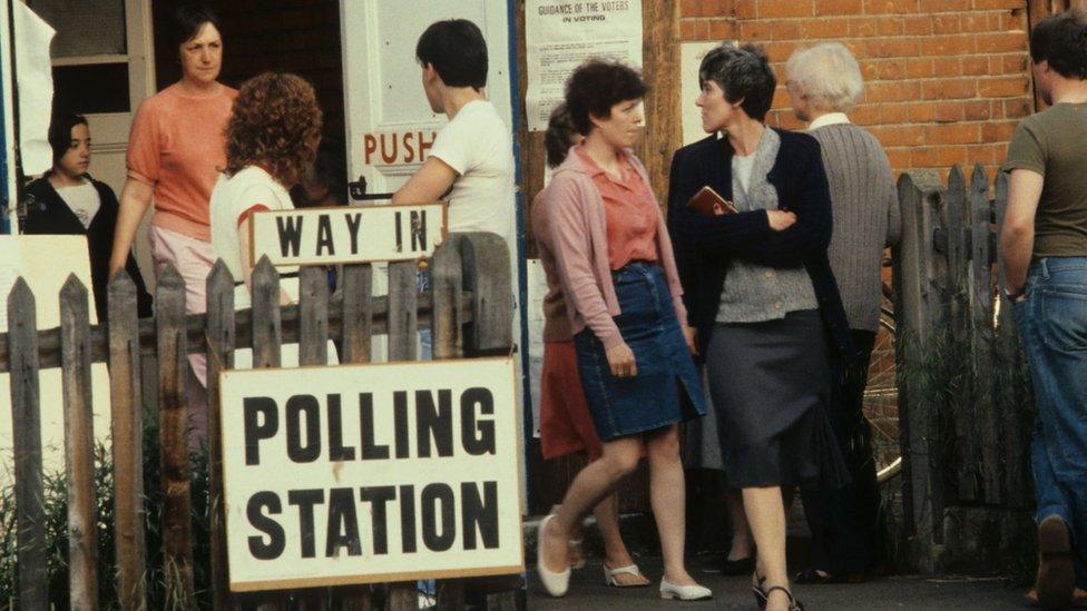 Women at a polling station in 1983