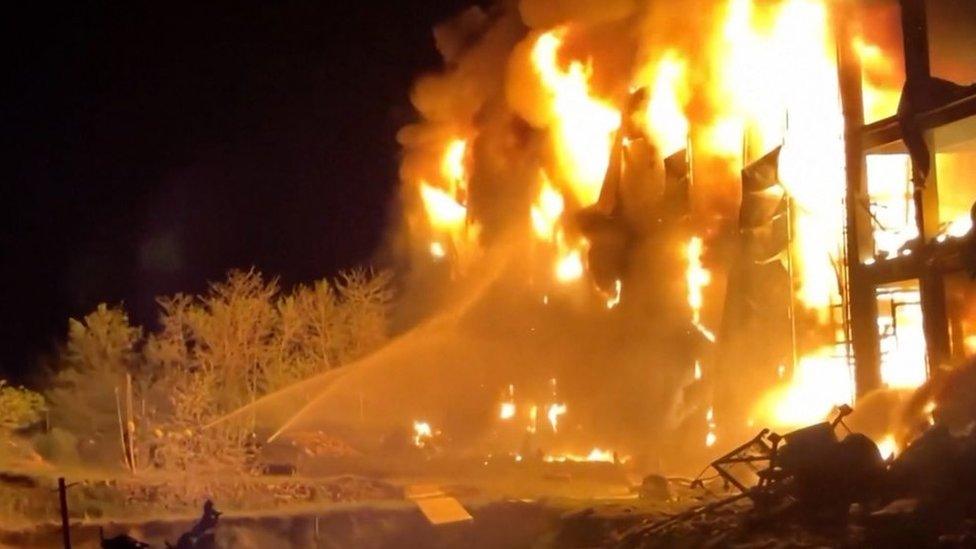 Fire engulfs warehouse as firefighters try and put out blaze in Odesa, southern Ukraine. Photo: 8 May 2023