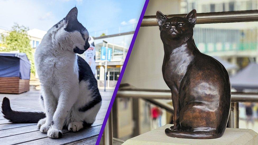 split image shows pebbles on the left and pebbles statue on the right