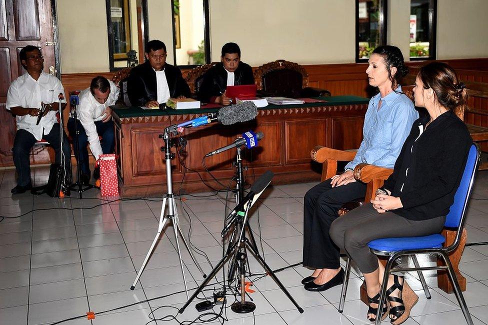 Australian woman Sara Connor, wearing a blue shirt, appears in Denpasar District Court