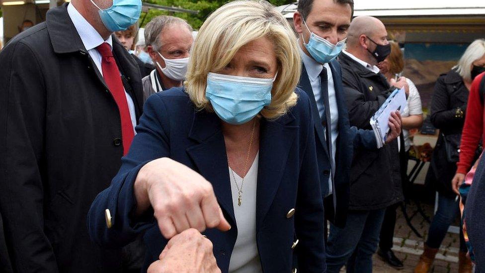 President of French far-right party of the National Rally Marine Le Pen on the campaign trail