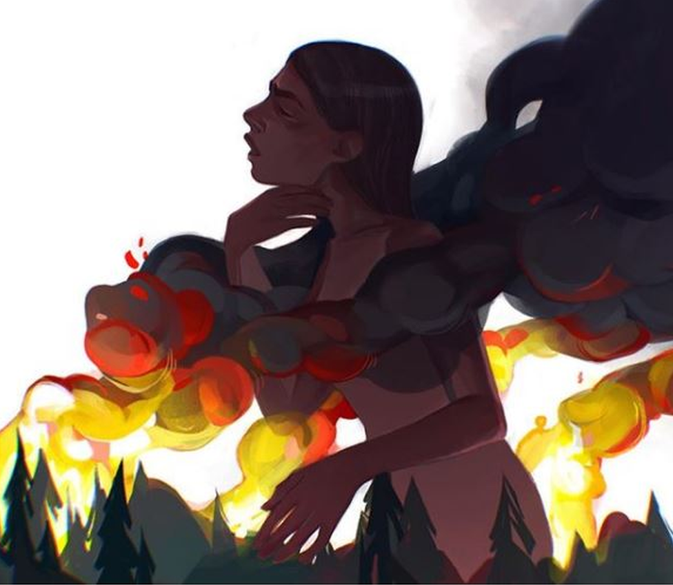 A drawing of a woman in a fire with trees burning in the background. Vivid yellow, red plumes emerge