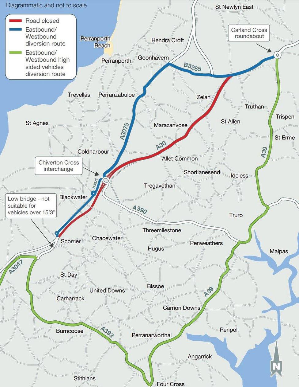 A map showing A30 diversion routes during overnight closures