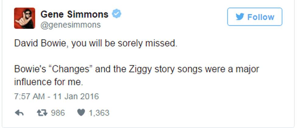 Gene Simmons tweet: David Bowie, you will be sorely missed. Bowie's "Changes" and the Ziggy story songs were a major influence for me.