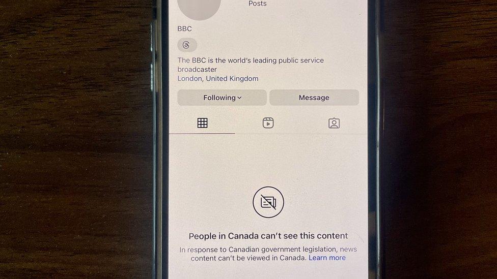 What Canadians see when they try to see news on Instagram. Post says People in Canada can't see this content'