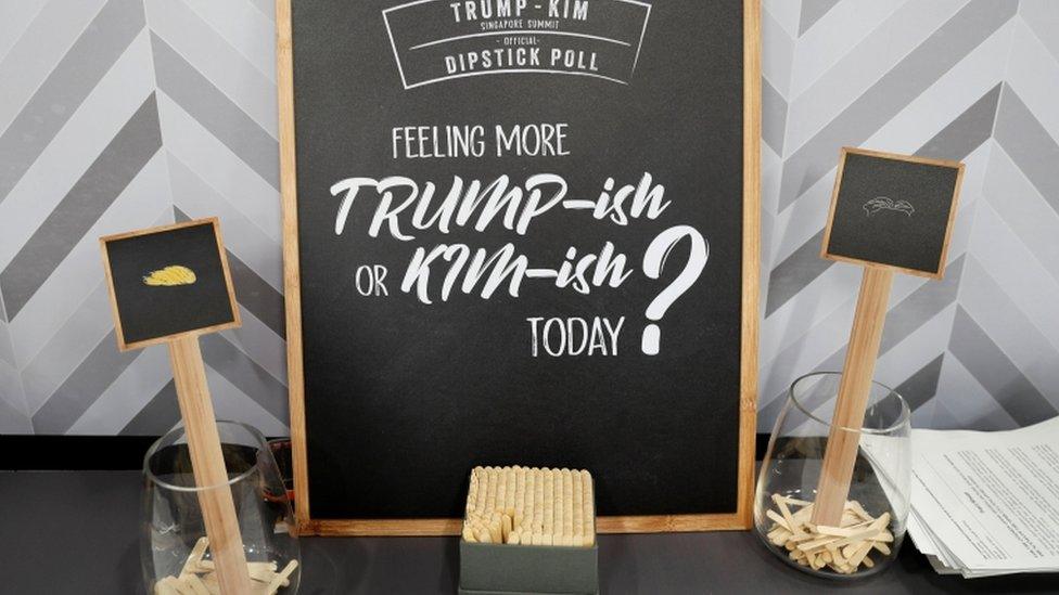 A dipstick poll set up to measure journalists' preference for food choices linked to Mr Trump and Mr Kim at the dining hall of the media centre, 10 June 2018