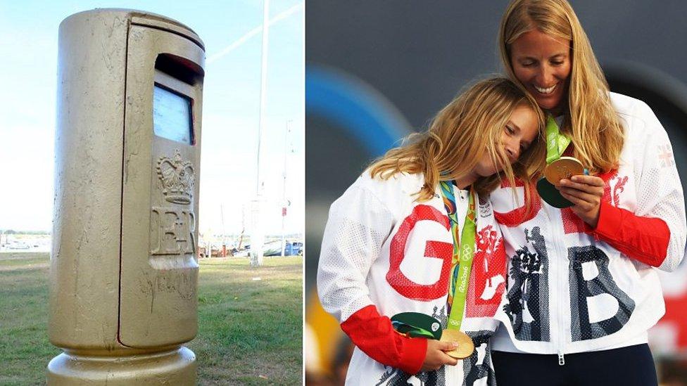 Gold postbox/Hannah Mills (left) and Saskia Clark (right)