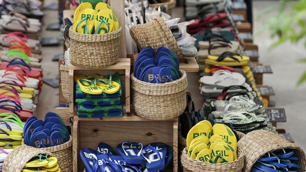 baskets full of Brazil-themed Havaianas on sale