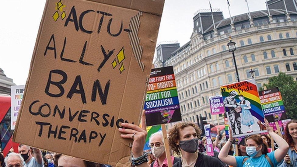 2021/07/24: A demonstrator holds a placard that says Actually Ban Conversion Therapy in Trafalgar Square during the Reclaim Pride protest.