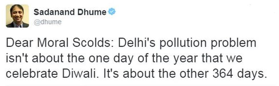 Tweet from user dhume reads: "Dear moral scolds: Delhi's pollution problem isn't about the one day of the year that we celebrate Diwali. It's about the other 364 days."