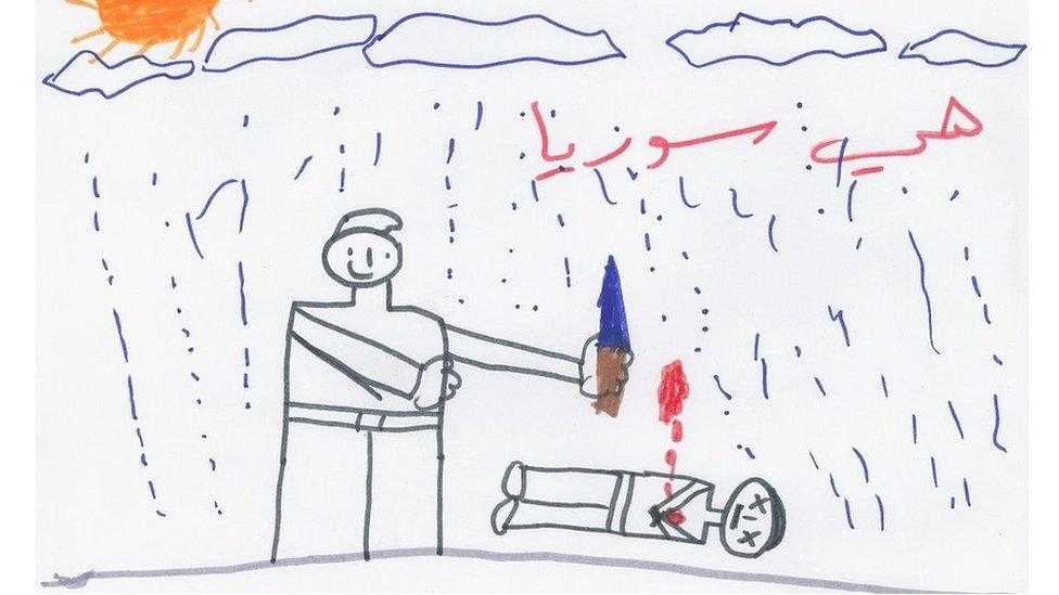 Drawing by a Syrian child refugee that appears to depict an adult standing over a dead body