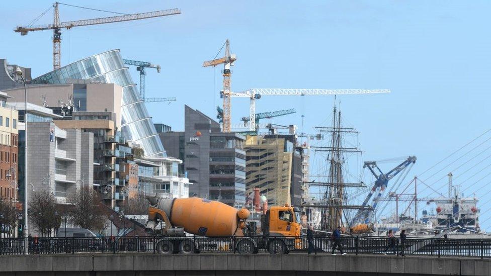 A photo of cranes and construction sites on Dublin's North Quay, taken in March 2019