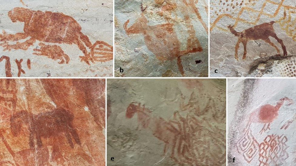 Rock art depicting a) a giant sloth, b) a mastodon, c) a camelid (Palaeolama?); d and e) horses f) a three-toe ungulate with a trunk