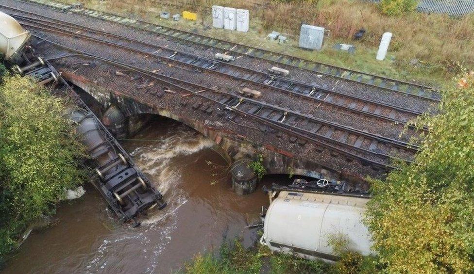 An aerial view of the derailment