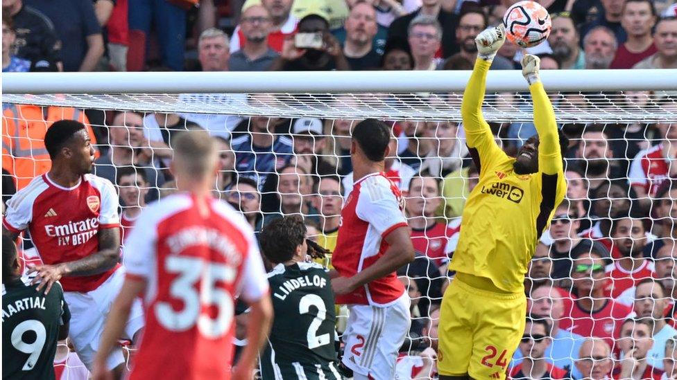 Manchester United goalkeeper Andre Onana in their 3-1 defeat to Arsenal.