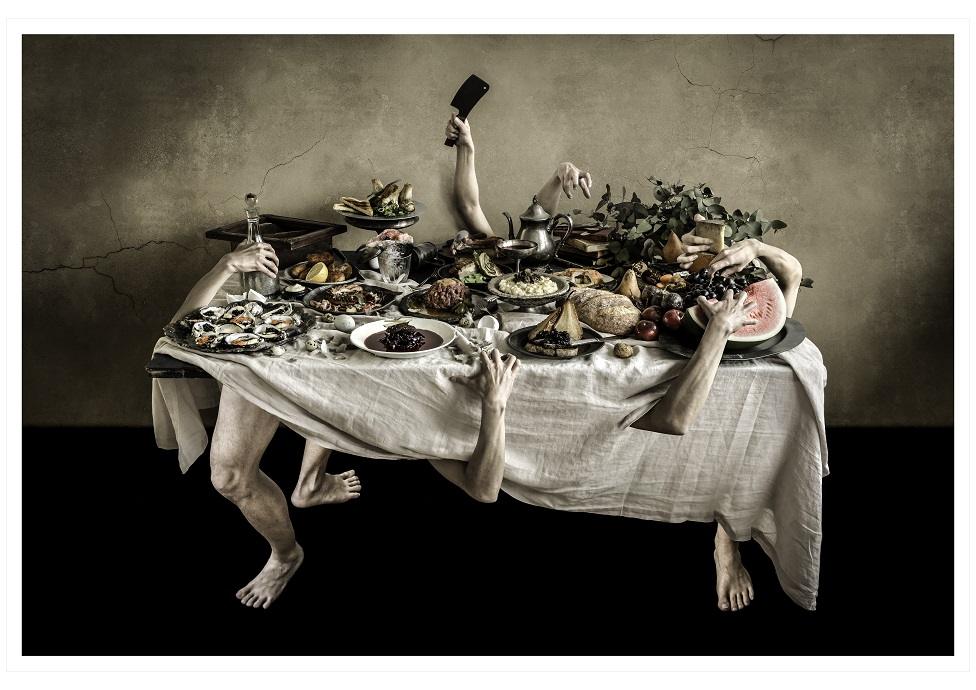 A composite image showing hands and arms extended from a table covered in food