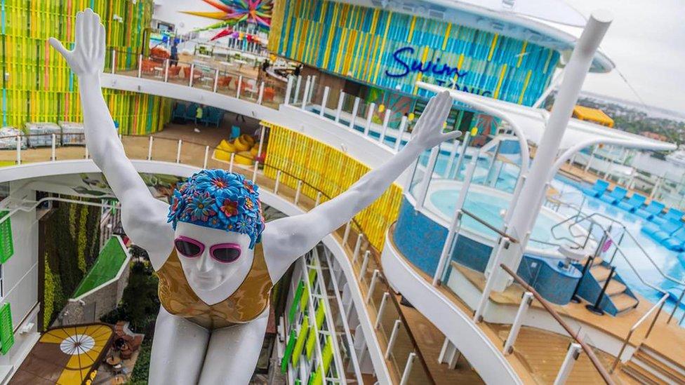 View of a swimmer sculpture feature in the Chill Island deck on Royal Caribbean's Icon of the Seas, the world's largest cruise ship, docked at PortMiami a day after arrived to its home base in Miami for the first time, on Jan. 11, 2024