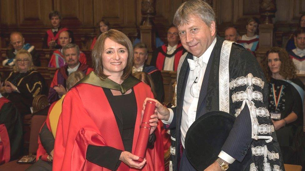 Rachel Barrie receiving her honorary doctorate from Prof Peter Mathieson of the University of Edinburgh