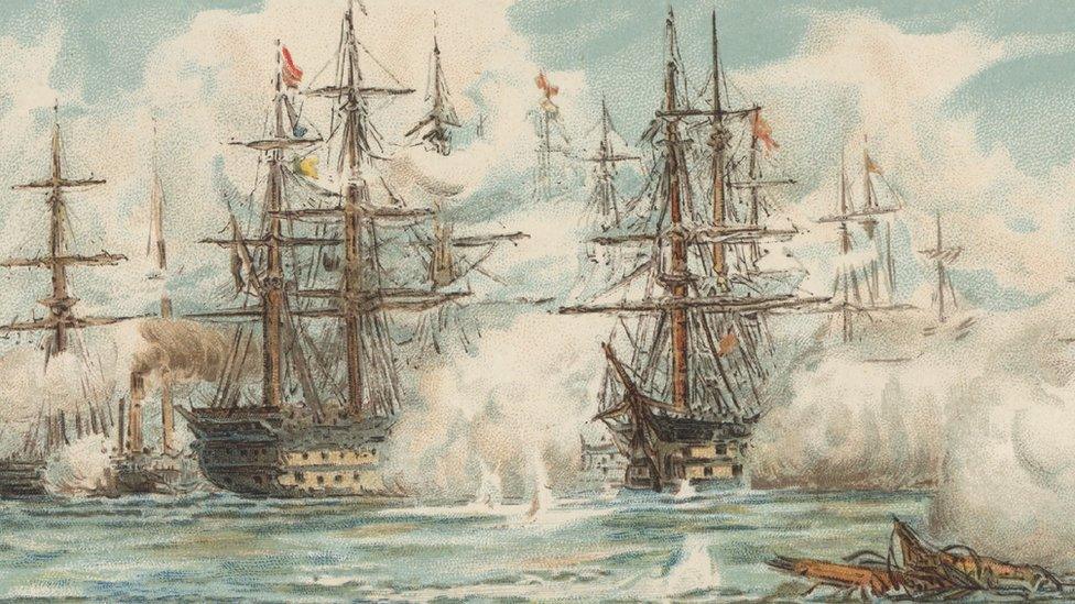 19th century illustration of ships including HMS Victory and other similar ships