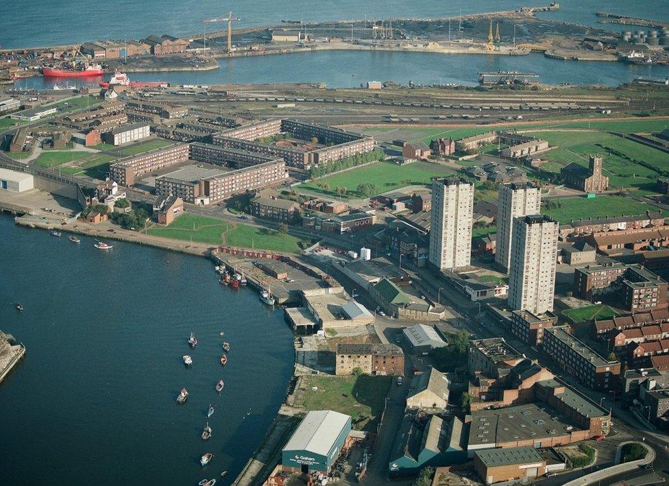 Aerial view of flat blocks and shipping yards on the river Wear