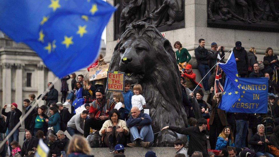 People gather at Trafalgar Square during the "Put it to the People" march in London, Britain, 23 March 2019