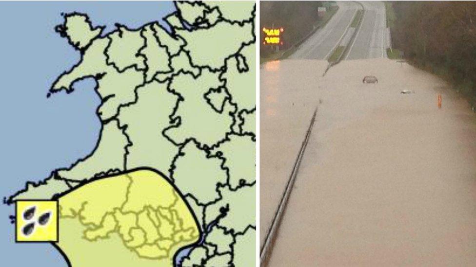 A weather warning map and flooding on the A55