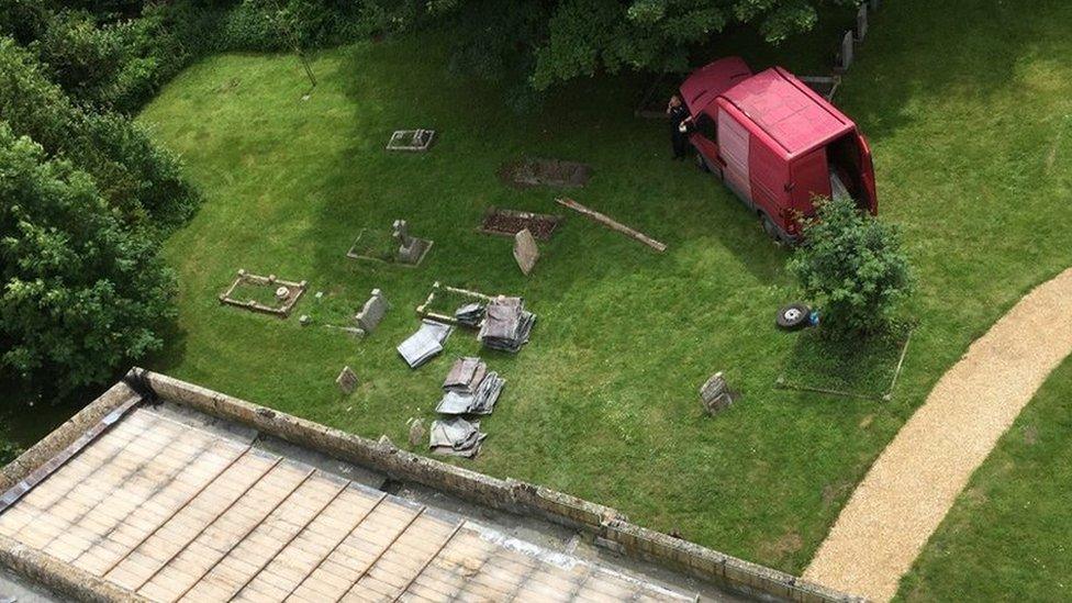 Roof of St Laurence's in Foxton, Cambridgeshire & abandoned van