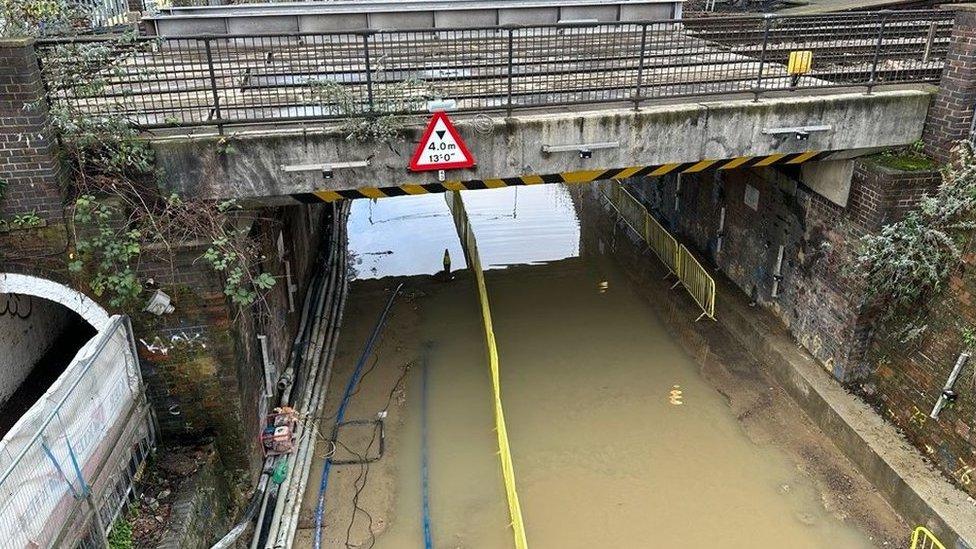 The Botley Bridge with water in the works area