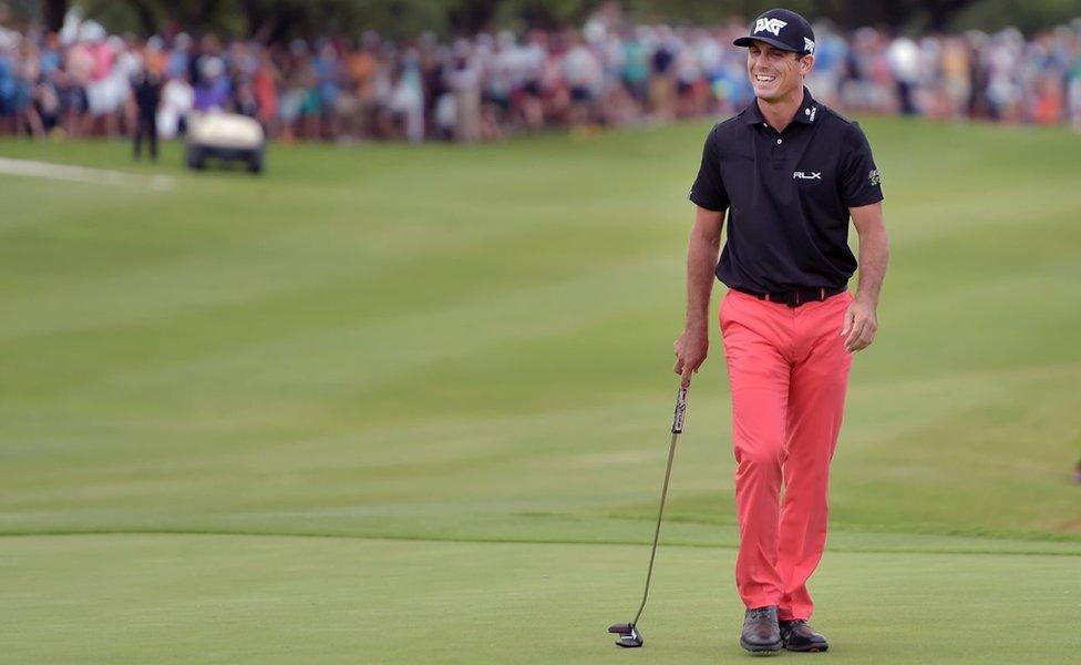 Billy Horschel reacts to a missed birdie putt in a playoff against Jason Day of Australia on the 18th hole during the Final Round of the AT&T Byron Nelson at the TPC Four Seasons Resort Las Colinas on May 21, 2017 in Irving, Texas