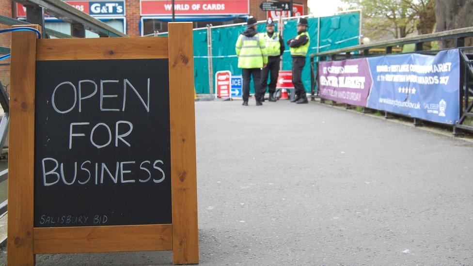 'Open for business' sign at the Maltings in Salisbury