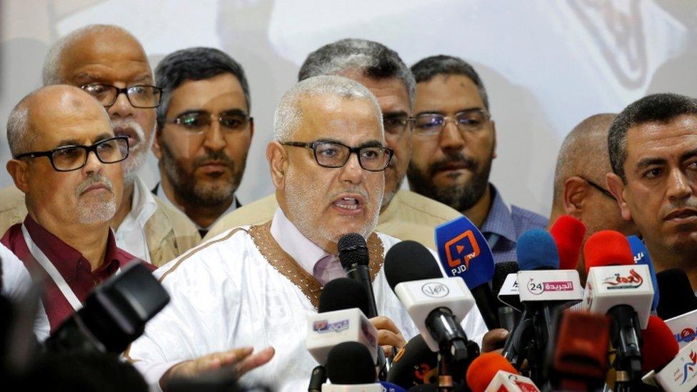 Prime Minister Abdelilah Benkirane (centre) speaks in Rabat, 8 October 2016