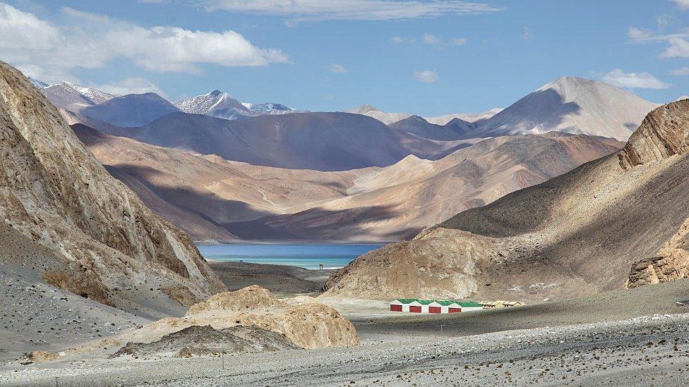 Pangong Lake (Pangong Tso)(seen in the distance) in Ladakh, Jammu and Kashmir, India.