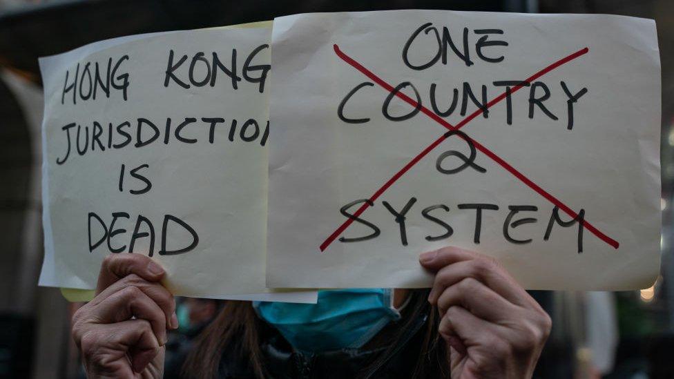 A Jimmy Lai supporter outside his bail hearing in December 2021 made a point about Hong Kong's rights being overturned