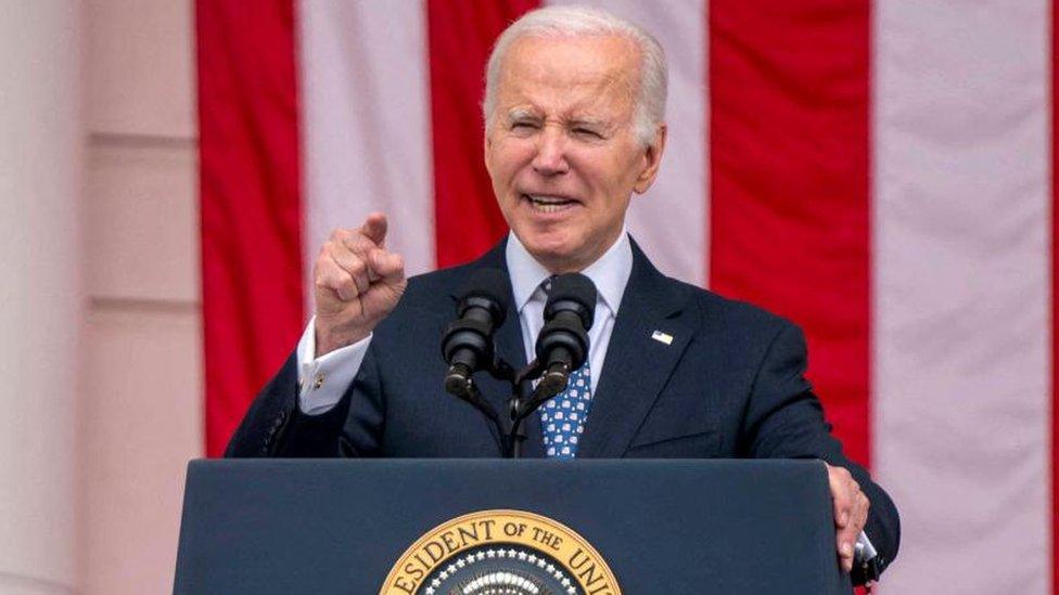 President Joe Biden speaks during the National Memorial Day Wreath-Laying and Observance Ceremony at Arlington National Cemetery