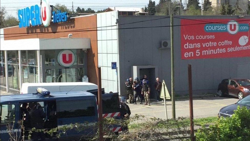 Police outside the Super U shop in Trebes