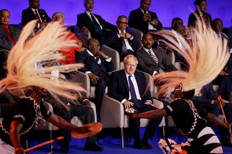 British Prime Minister Boris Johnson looks on during the opening ceremony of the Commonwealth Heads of Government Meeting (CHOGM) in Kigali, Rwanda June 24