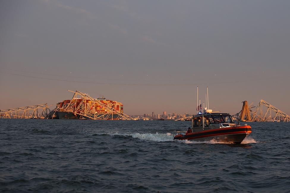 A view of the Dali cargo vessel which crashed into the Francis Scott Key Bridge causing it to collapse in Baltimore, Maryland, US, on 26 March 2024