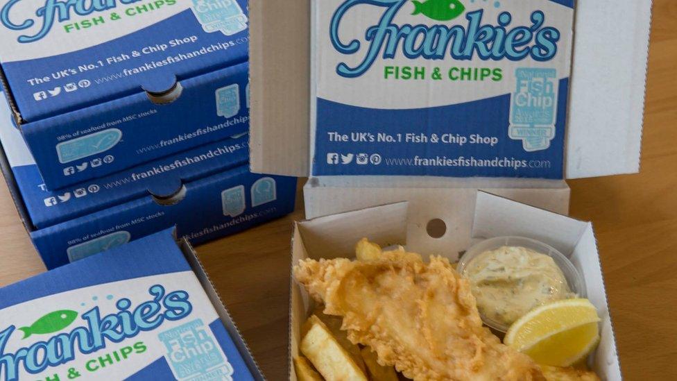 Fish and chips in boxes