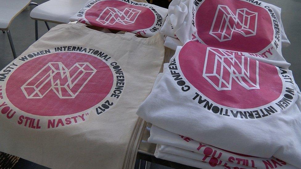 T-shirts and bags with the Nasty Women logo