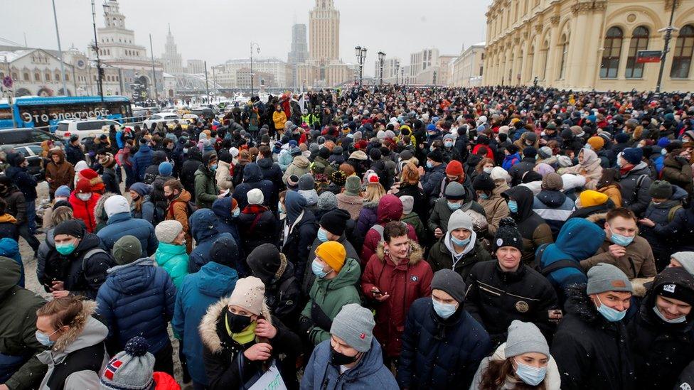 Protestors rally in support of jailed Russian opposition leader Alexei Navalny in Moscow, Russia, 31 January 2021