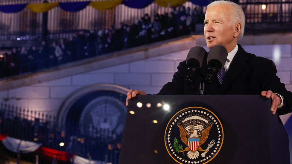 Biden delivering a speech in Warsaw