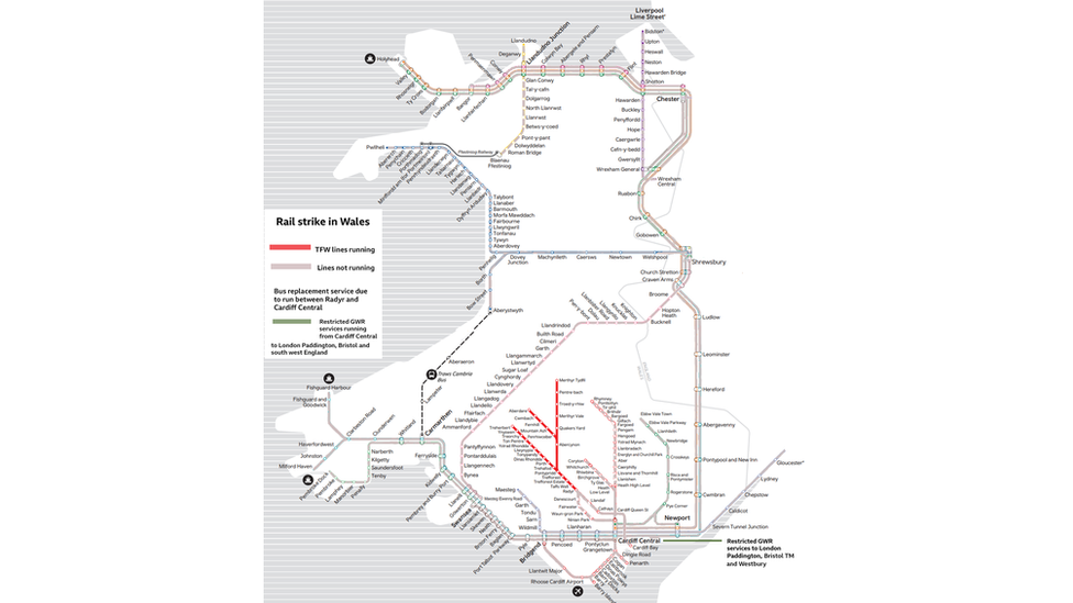 Rail strike map of Wales