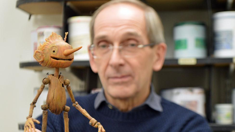 Pinocchio model and Peter Saunders in the Mackinnon and Saunders workshop